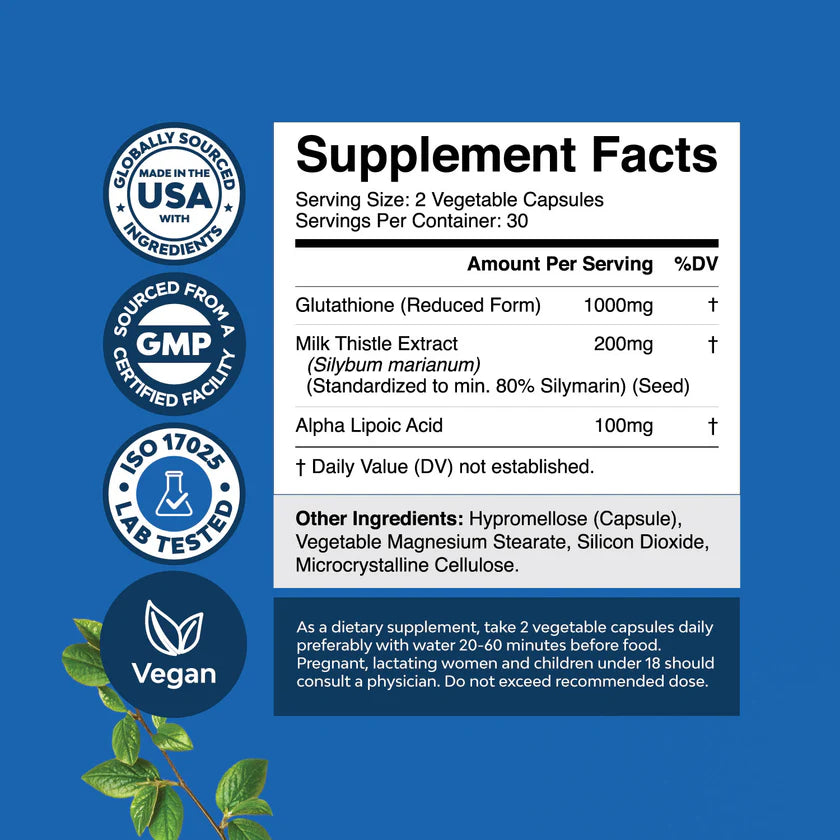 Ienee Reduced Glutathione Supplement with Glutamic Acid - L Glutathione 1000mg Per Serving with Silymarin Milk Thistle Extract ALA Alpha Lipoic Acid Complex - 60 Capsules