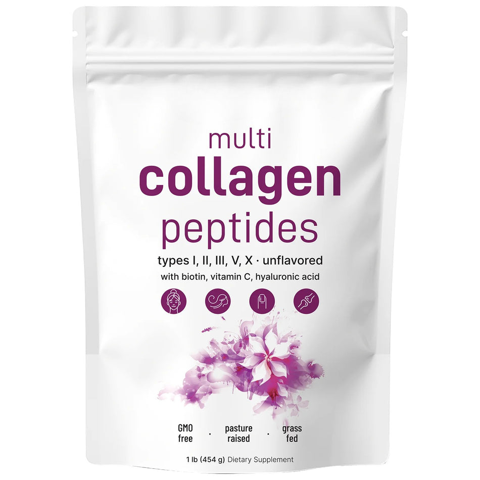 Circavibe Multi Collagen Peptides Powder - Péptidos proteicos hidrolizados (tipo I, II, III, V, X) con ácido hialurónico, biotina y vitamina C (sin sabor)