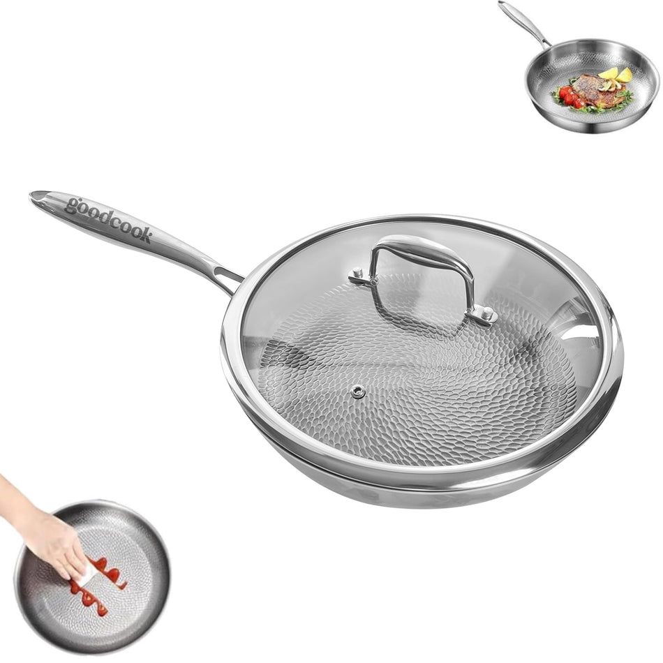 Titanium Pan - Titanium Hammered Frying Pan with Lid, Upgraded Non-Stick Without Coating, Ultra-Durable, Scratch-Resistant, Compatible with All Cooktops (10.23-inch)