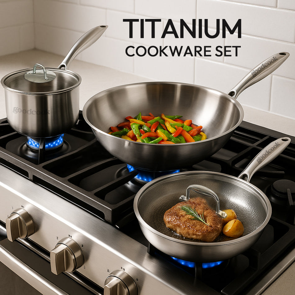 Titanium 3-Piece Cookware Set – Fry Pan, Wok & Pot, Non-Toxic, Induction Compatible, Naturally Nonstick